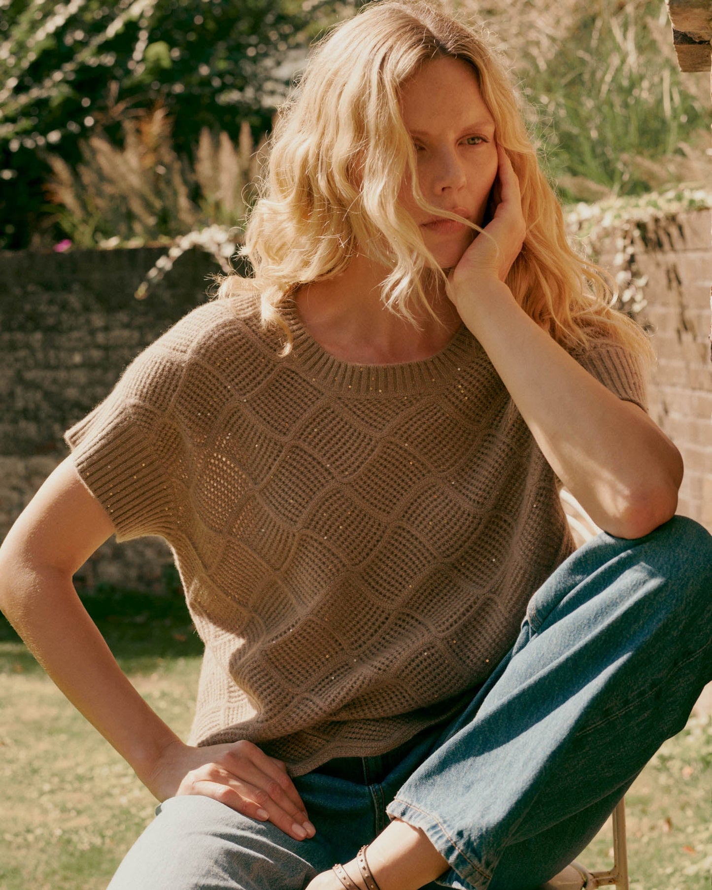 Pointelle Knit Cashmere Sweater in Chestnut