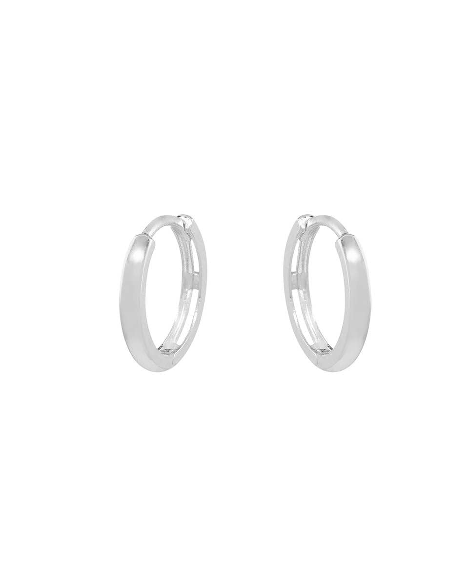Pair of solid 14k white gold thin 13mm huggie hoop earrings with hinged closure