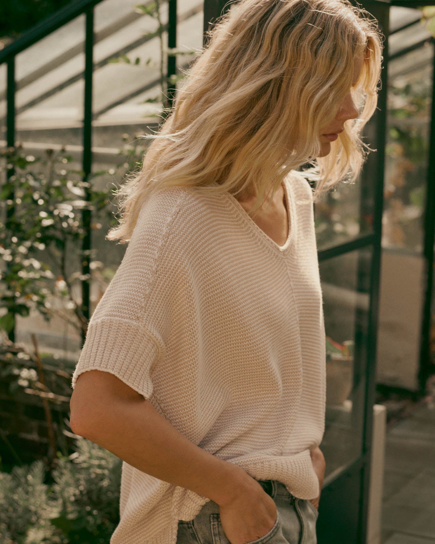 V-Neck Cotton Knit Poncho in Natural