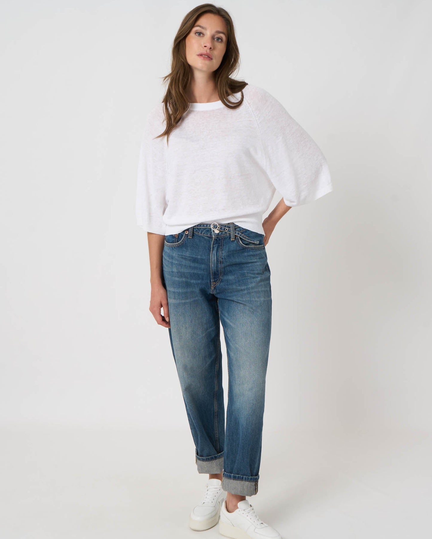 Linen Boat Neck Sweater in White