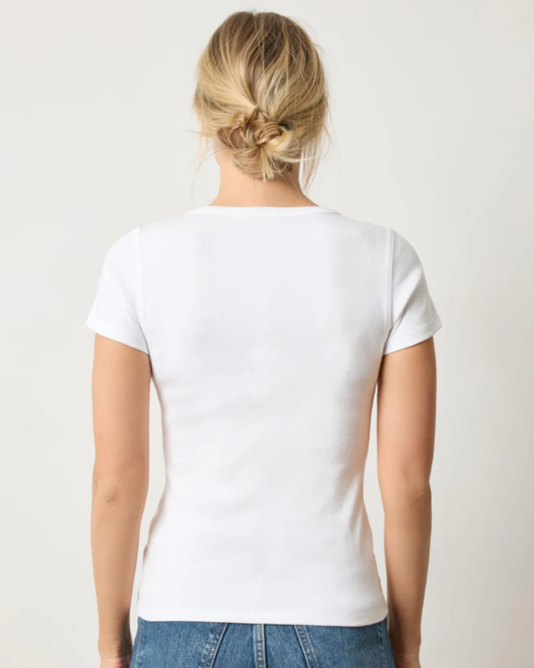 Lilla P white short sleeve V-neck tee, fitted ribbed fabric, back view