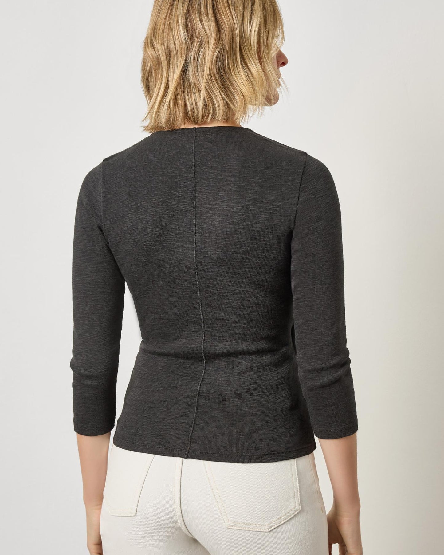 Ribbed Slub 3/4 Sleeve Surplice in Black