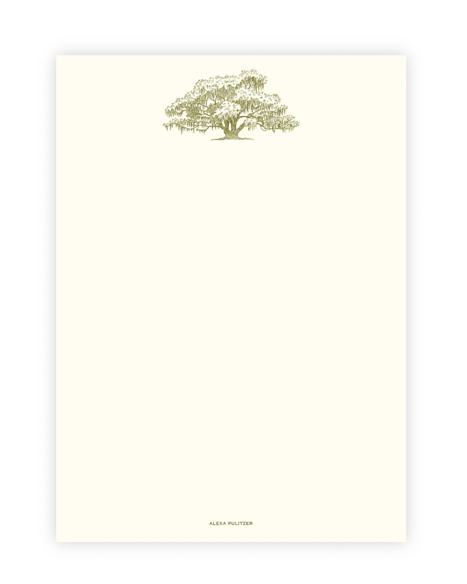 Cream notecard with olive green illustrated Southern live oak tree, Alexa Pulitzer branding