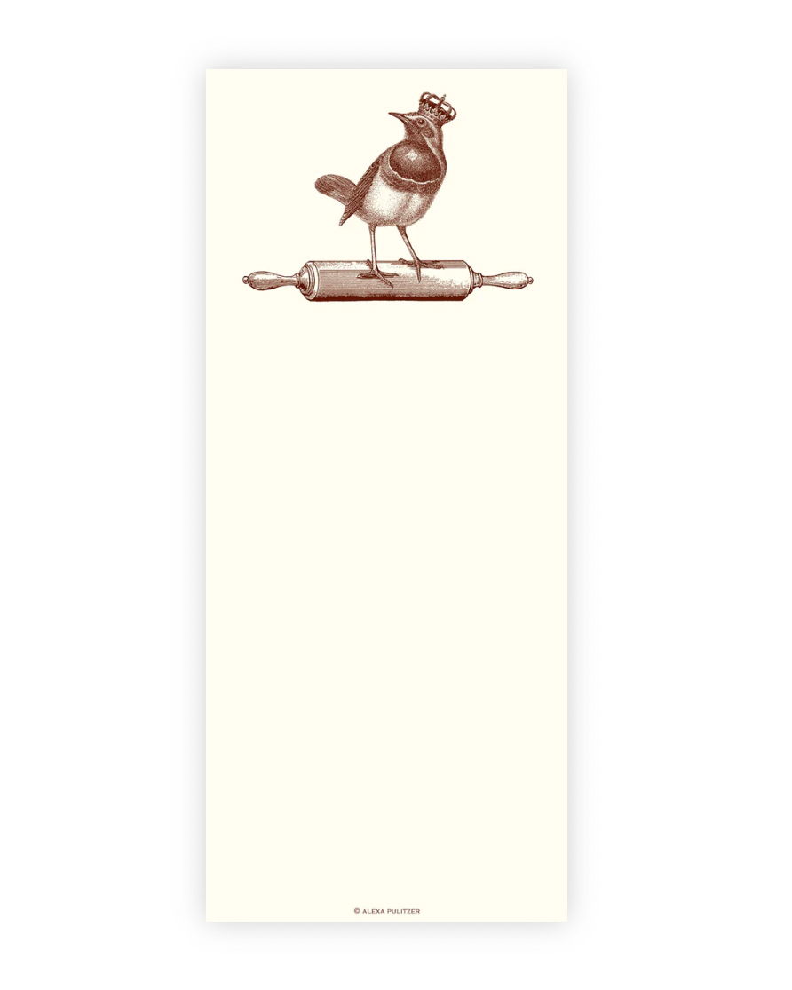 Ecru notepad with vintage brown illustration of crowned bird perched on rolling pin