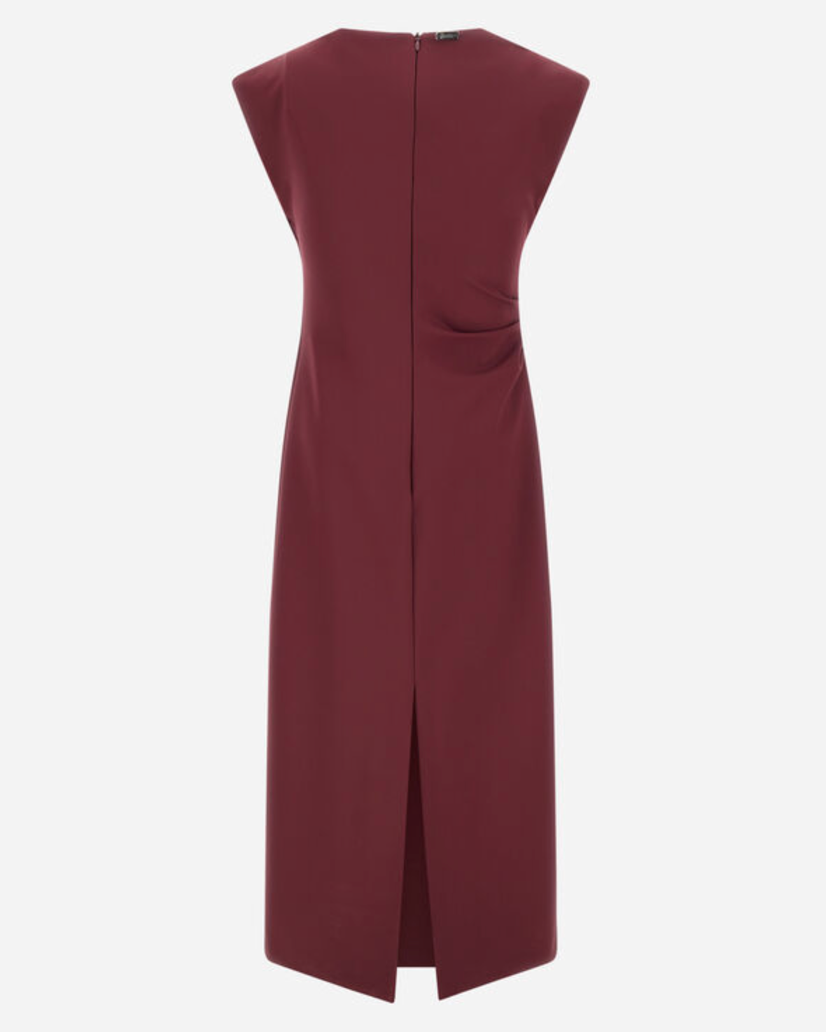 Herno bordeaux midi dress back view with cap sleeves, back slit, and zip