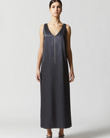 Viscose Satin Midi Dress with Jewel in Space Blue