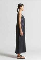 Viscose Satin Midi Dress with Jewel in Space Blue