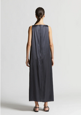 Viscose Satin Midi Dress with Jewel in Space Blue