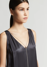 Viscose Satin Midi Dress with Jewel in Space Blue