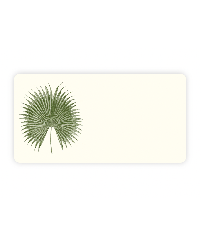 Cream flat note card with green botanical fan palm leaf illustration on left side
