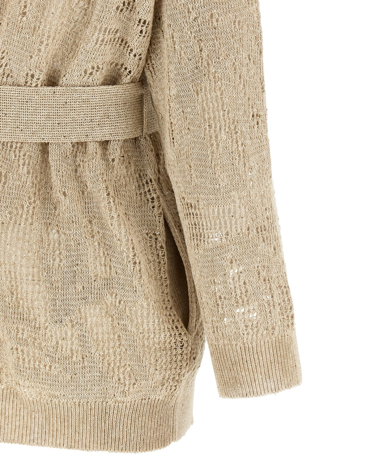 Linen Cotton Pailette Water Leaves Embroidered Shawl Collar Cardigan in Beige