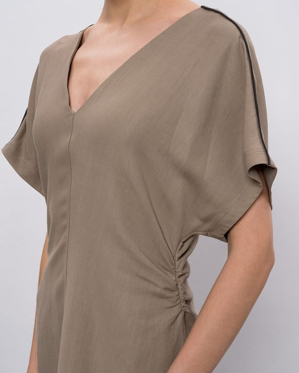 Linen Twill VNeck Shirt Dress with Shoulder Monili Piping in Cool Brown