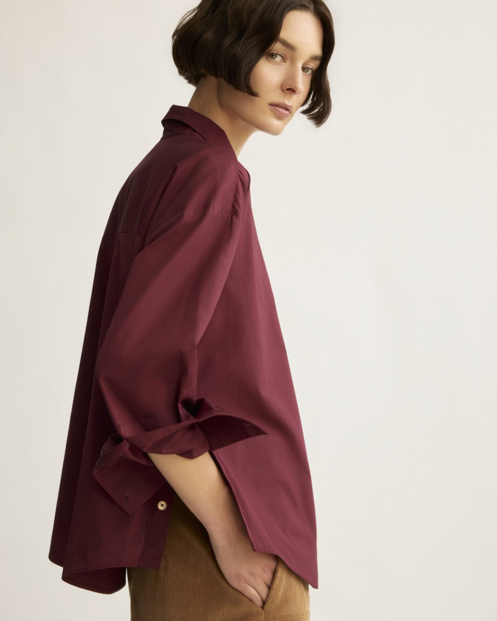 Oversized berry cotton shirt with side button detail and rolled sleeves