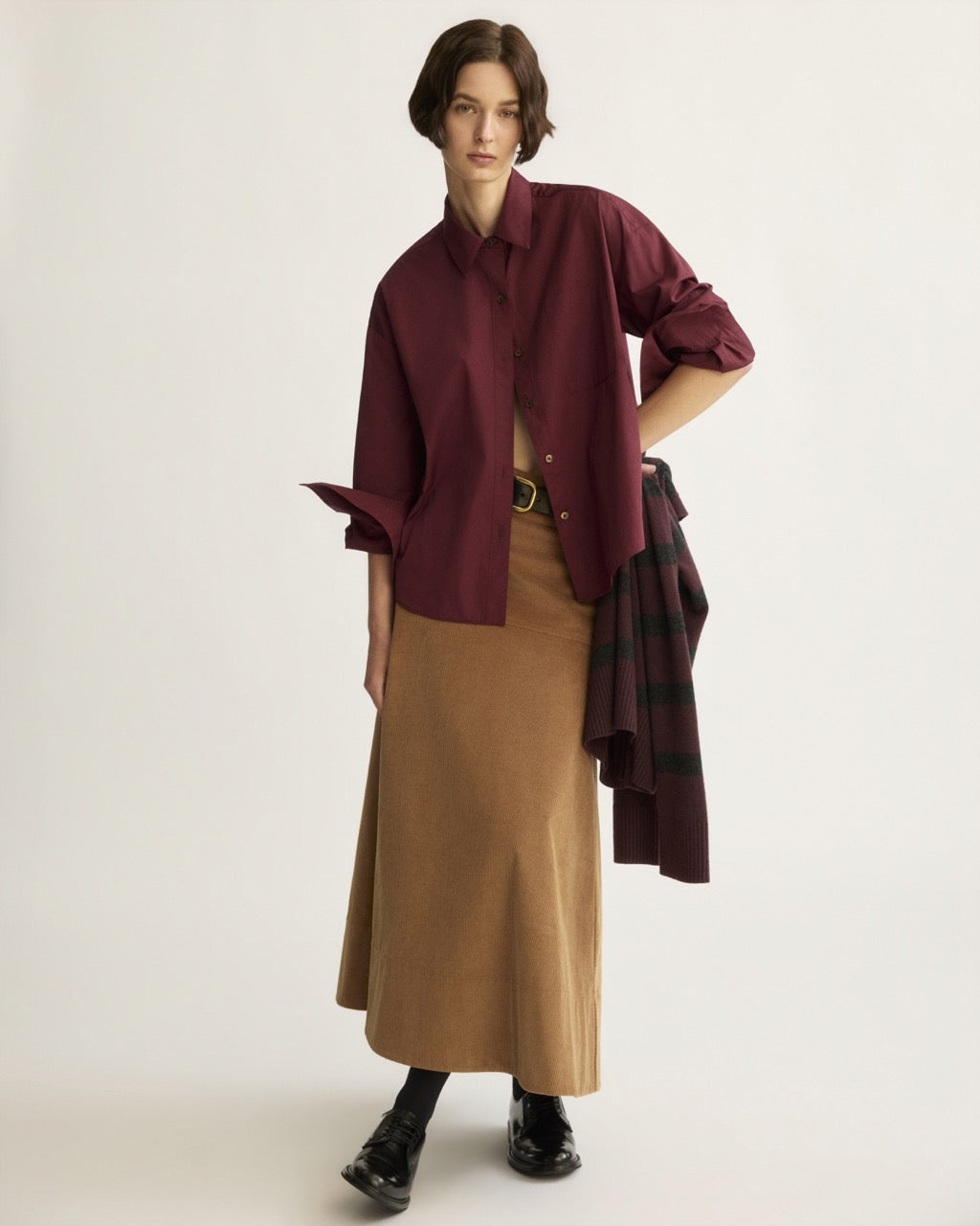 Oversized berry button-up shirt with long sleeves and spread collar
