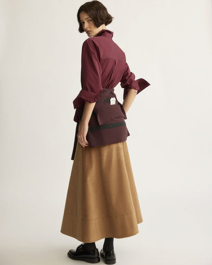 Watts Side Button Shirt in berry red with tie waist detail, back view