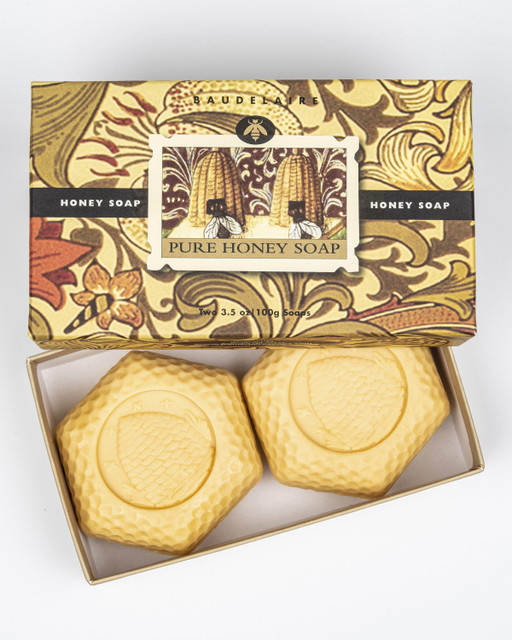 Baudelaire Pure Honey Soap gift box with two hexagonal golden yellow bars