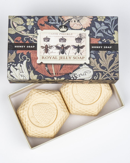 Royal Jelly Honey Soap two bar gift set in floral navy box with cream hexagonal bars