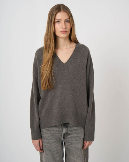 Women's oversized taupe cashmere V-neck sweater with ribbed trim and dropped shoulders