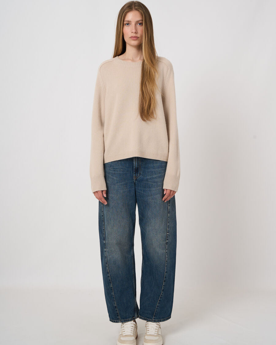 Repeat Cashmere medium-weight crew neck sweater in natural beige with ribbed cuffs and hem