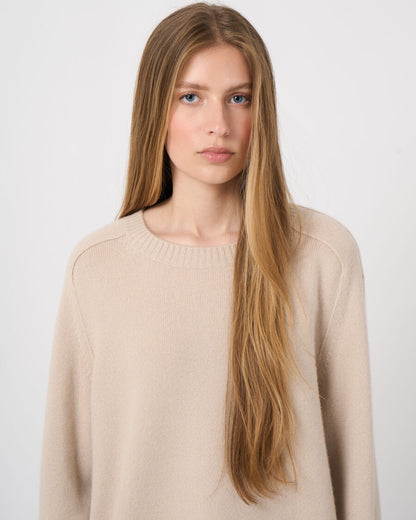 Repeat Cashmere medium-weight crew neck sweater in natural beige, relaxed fit