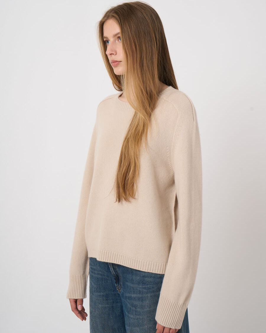 Repeat Cashmere medium-weight natural beige crew neck sweater with ribbed cuffs and hem