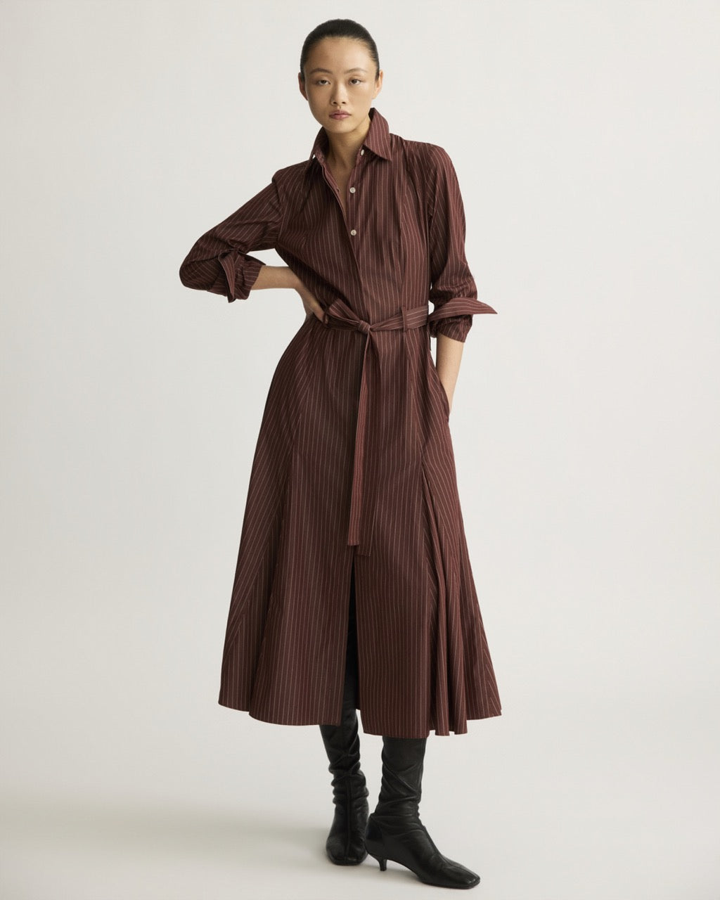 Oxblood pinstripe midi shirtdress with belt, flared godets, and long sleeves
