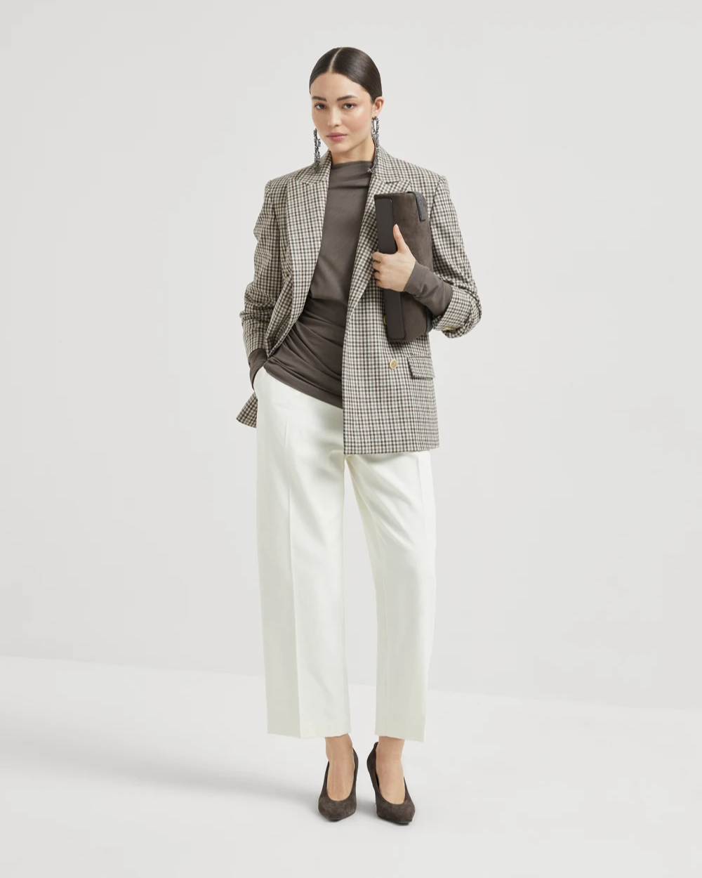Ruched T-Shirt with Monili in Mud