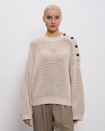 Cotton 3D Spring Net Pullover with Button Shoulder Detail in Avena