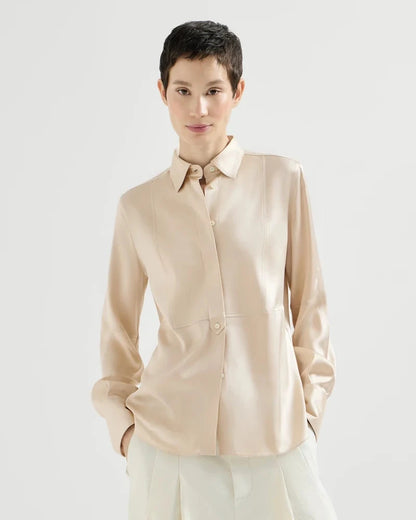 Brunello Cucinelli sand satin silk shirt with classic collar and concealed buttons