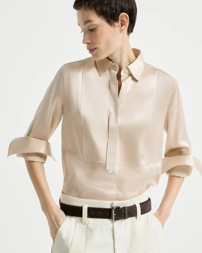 Satin Shirt with Monili in Sand