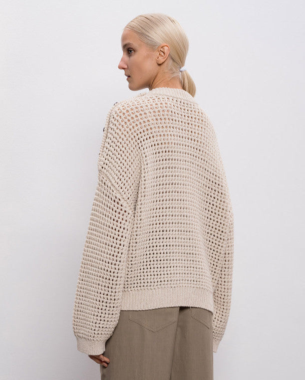 Cotton 3D Spring Net Pullover with Button Shoulder Detail in Avena