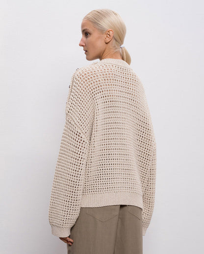 Cotton 3D Spring Net Pullover with Button Shoulder Detail in Avena