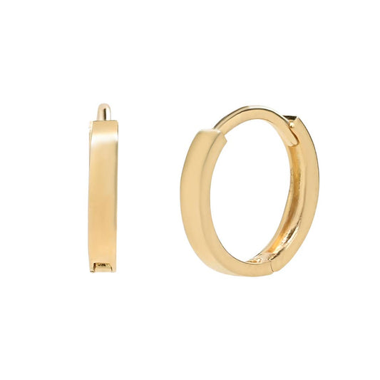 Solid 10k yellow gold flat huggie hoop earrings shown from front and side angles