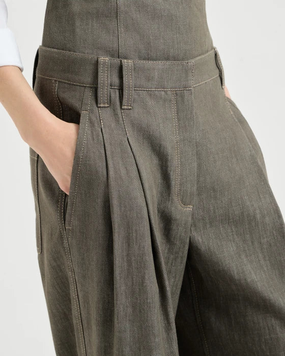 Denim Effect Linen Casual Wide Leg Jean in Olive