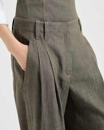 Denim Effect Linen Casual Wide Leg Jean in Olive