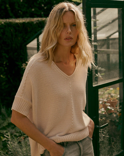 V-Neck Cotton Knit Poncho in Natural