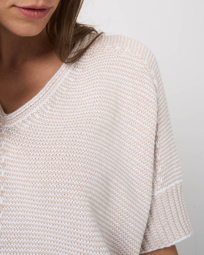 V-Neck Cotton Knit Poncho in Natural
