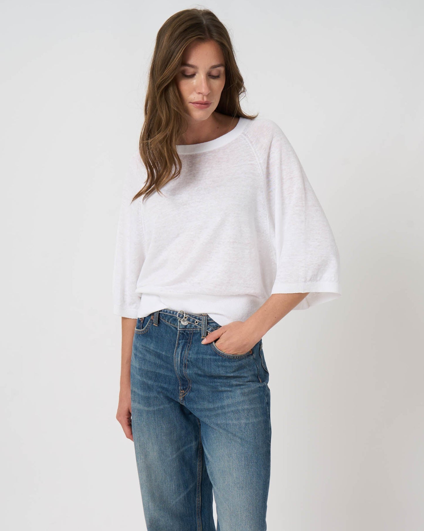 Linen Boat Neck Sweater in White