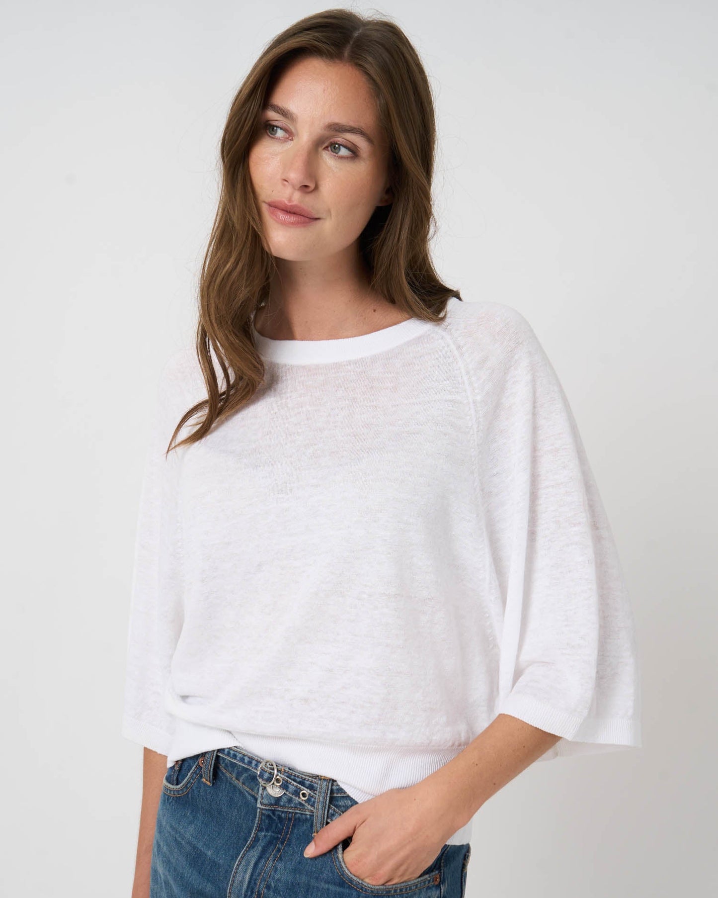 Linen Boat Neck Sweater in White