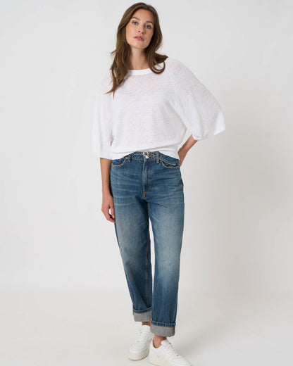 Linen Boat Neck Sweater in White