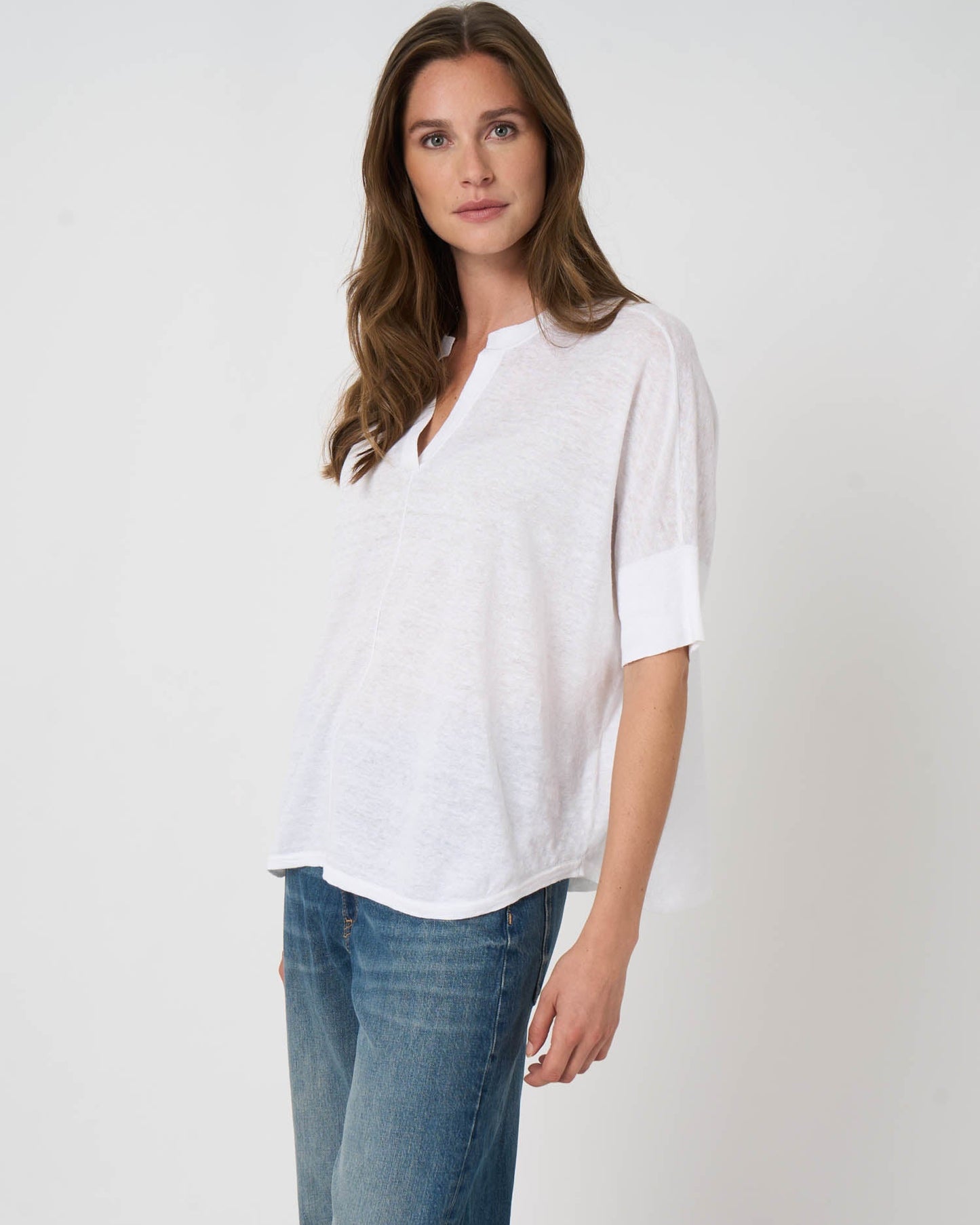 Linen Slit Neck Poncho in White