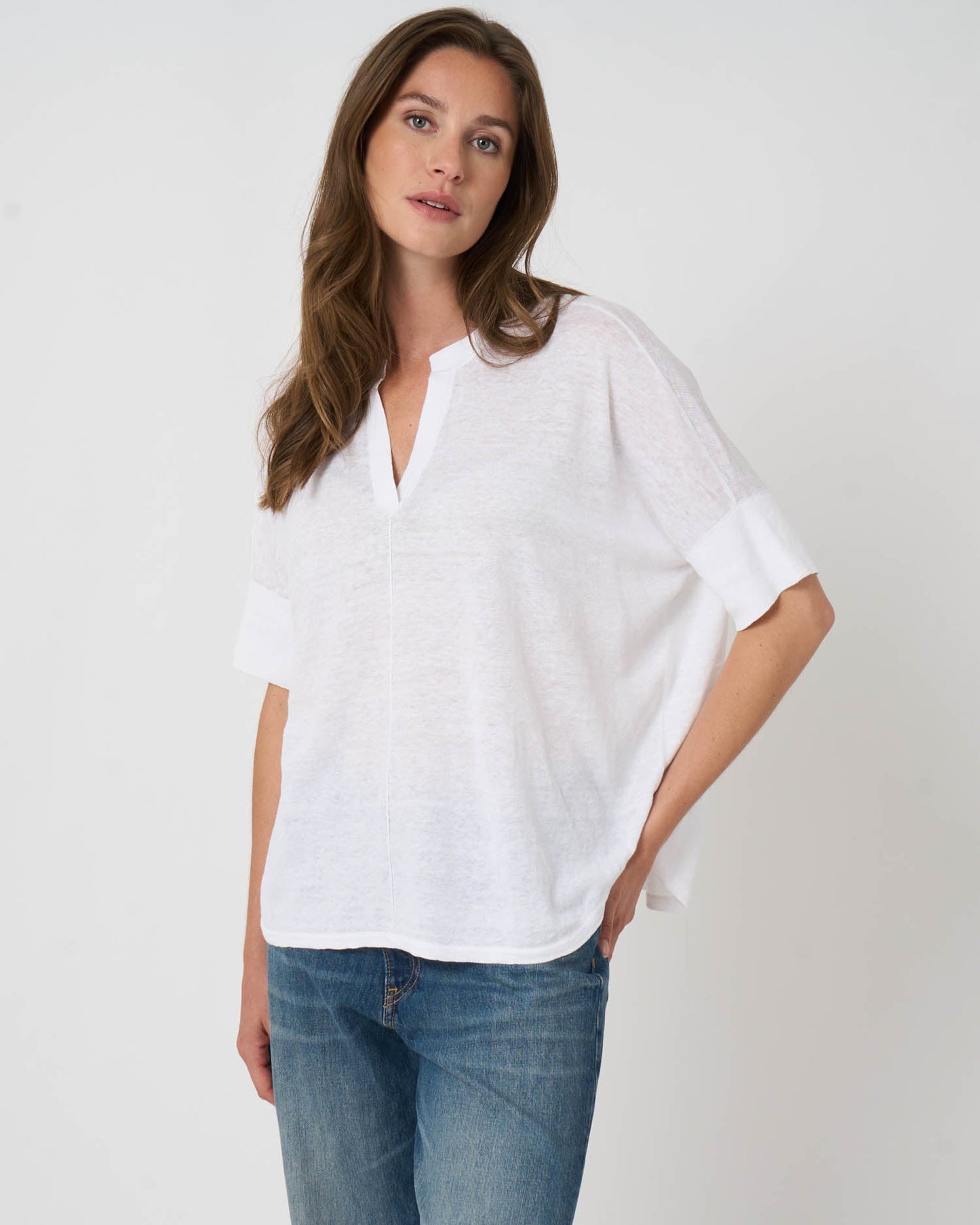 Linen Slit Neck Poncho in White