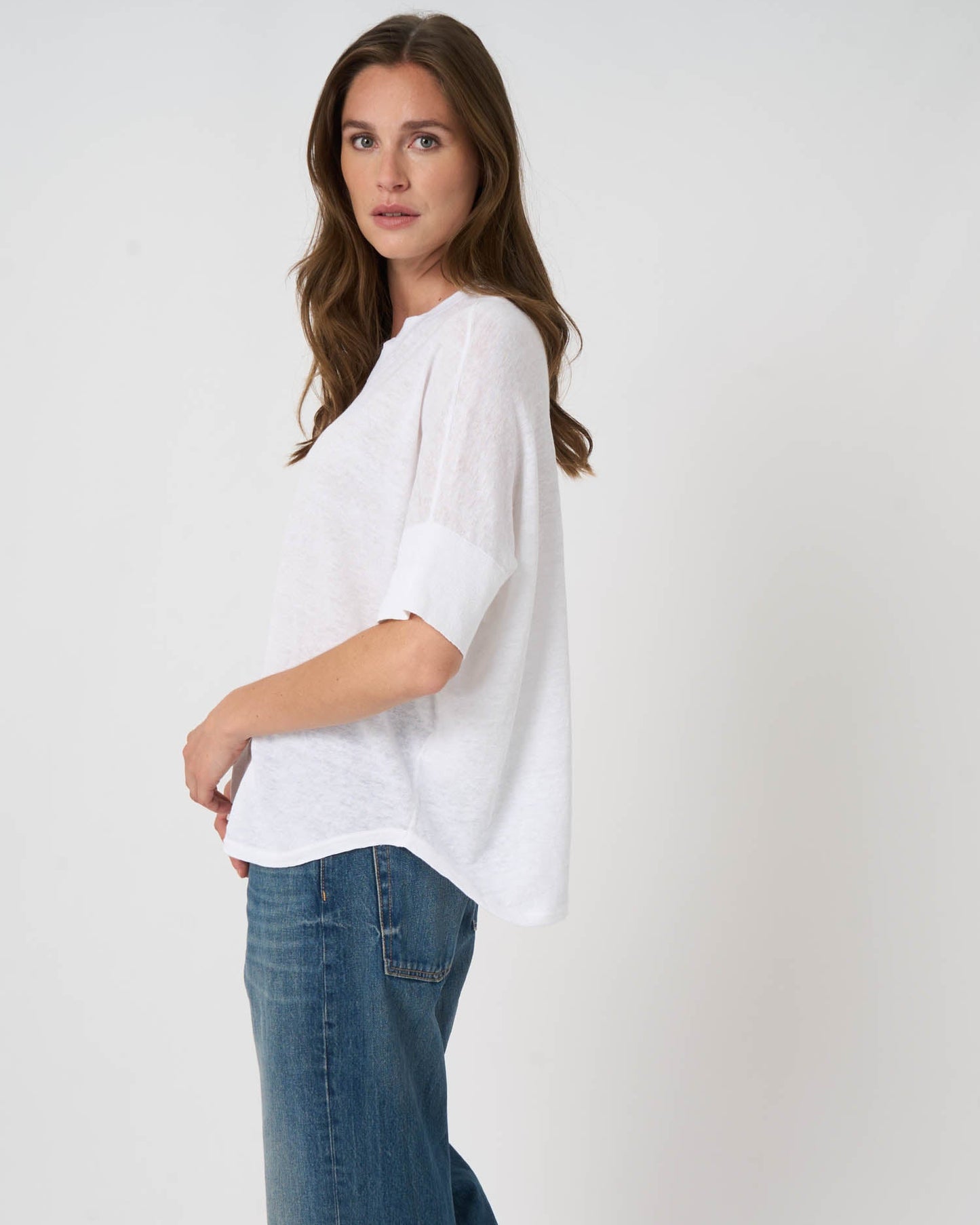 Linen Slit Neck Poncho in White