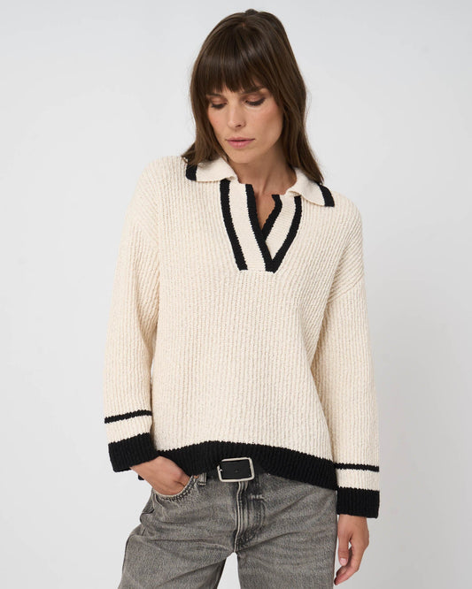 Contrast-Trim Cotton Polo Sweater in Cream
