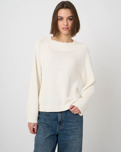 Cropped cream cotton-cashmere crewneck sweater with ribbed trim and long sleeves