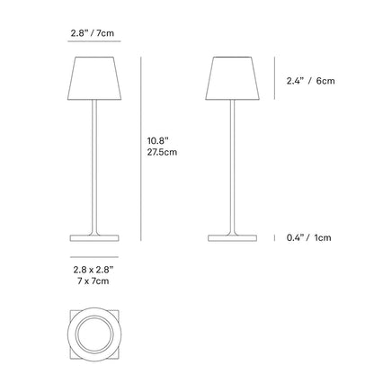 Glossy gold Poldina Pro Micro cordless lamp dimensions: 10.8" tall, 2.8" square base