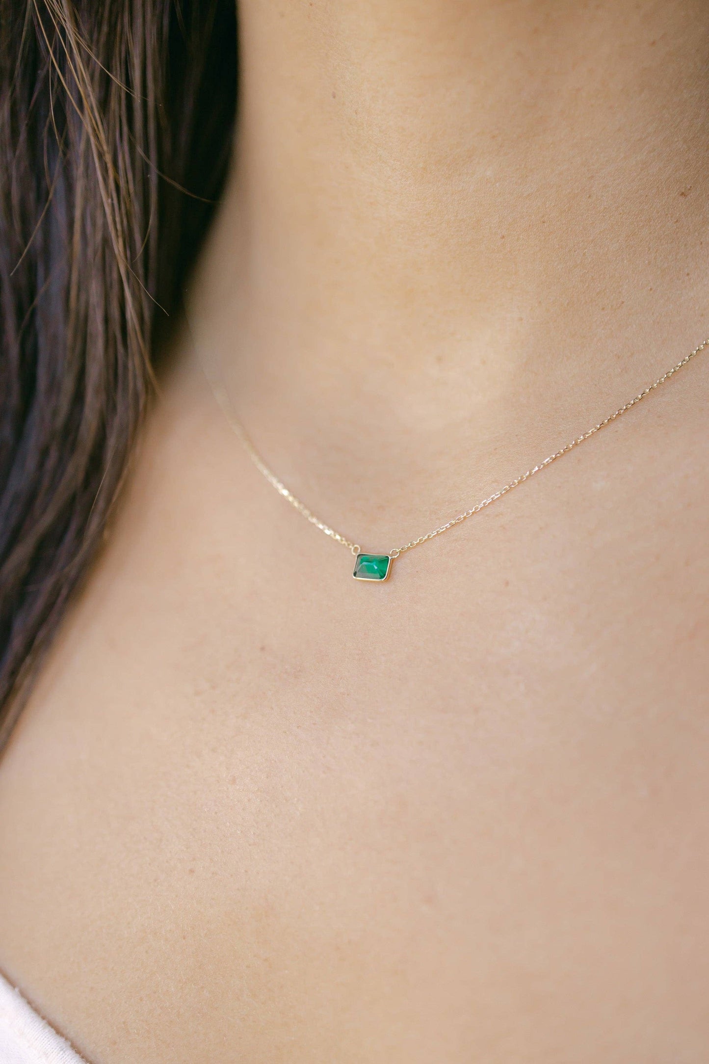 14k Solid Gold Rectangular Emerald Necklace