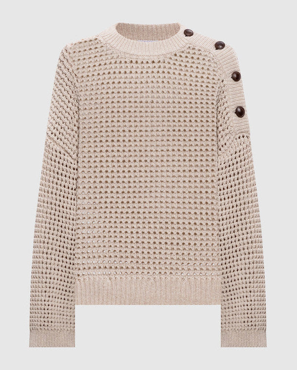 Cotton 3D Spring Net Pullover with Button Shoulder Detail in Avena