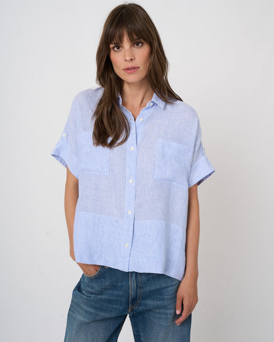 Pure Linen Striped Boxy Blouse in Blue