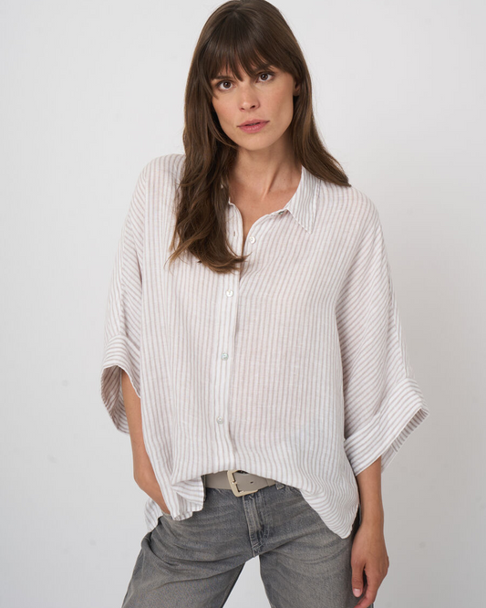 Striped Pure Linen Batwing Blouse in Natural